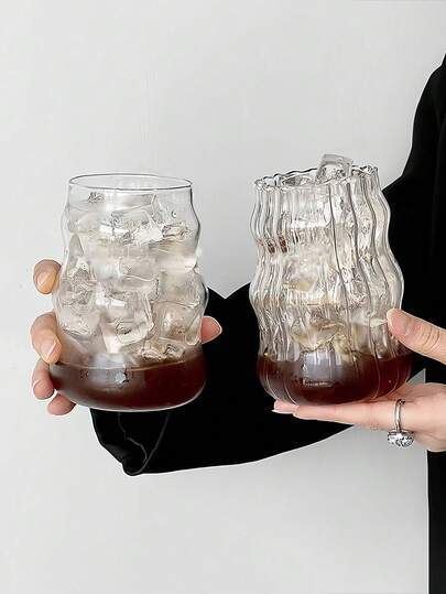 1个/4个 530毫升/18.65盎司 云纹玻璃杯，不对称造型饮用玻璃杯，带吸管咖啡杯，带吸管波纹玻璃杯，波浪形透明玻璃水杯，罗纹玻璃饮用玻璃杯，波浪形鸡尾酒杯