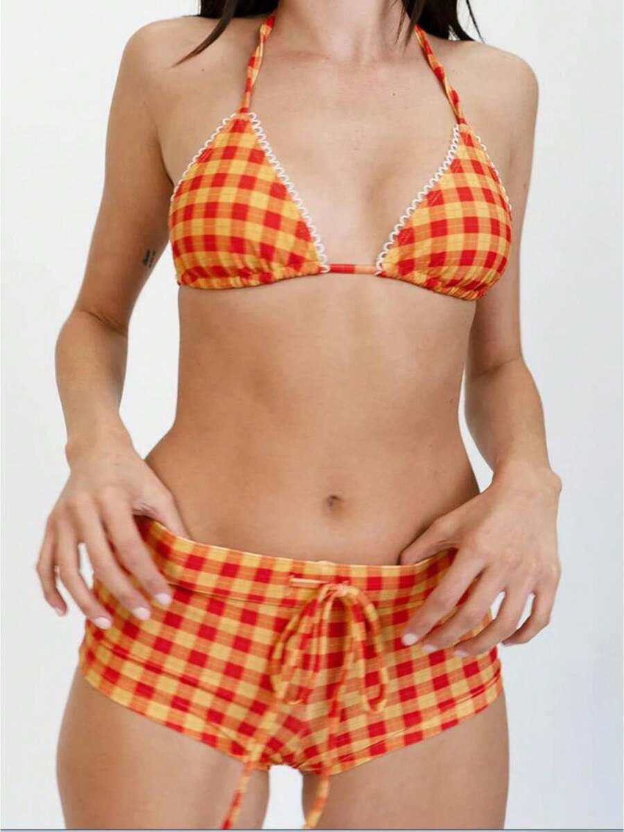 Women Y2k Plaid Shorts Bikini Set Halter Triangle Bikini Top Micro Shorts Sets Aesthetic Gingham Swimsuit - 橘色 - 查看 1