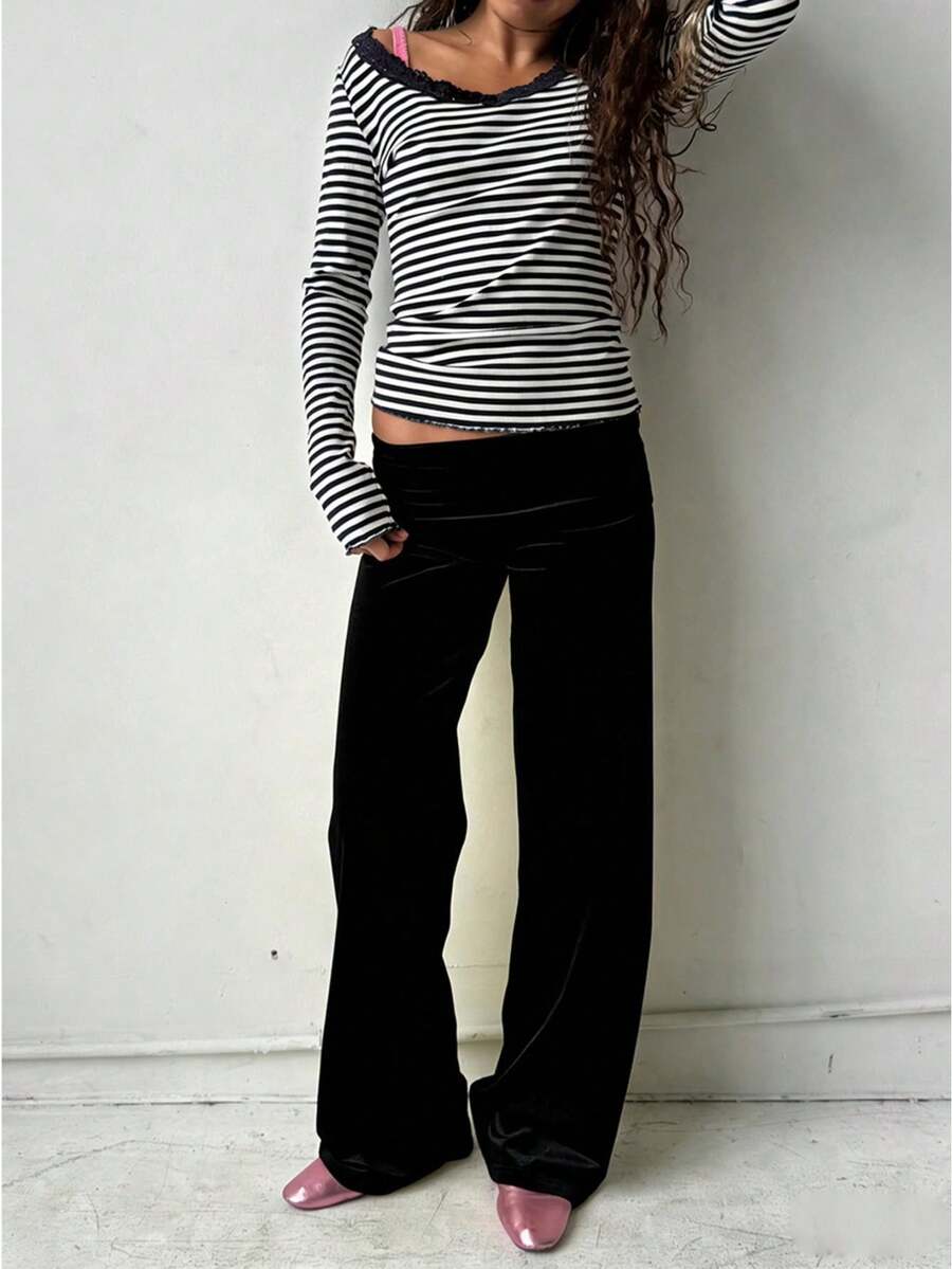 Women Wide Leg Pants Solid Color Fold Over Waist Casual Trousers Spring Fall Loose Sweatpants Bottoms - màu đen - Xem 1