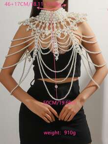 1pc Handmade Woven White Faux Pearl Necklace/Body Chain, Unisex, Beaded Necklace For Women, Suitable For Wedding, Party, Carnival, Fashion Show, Gift - White - View 4