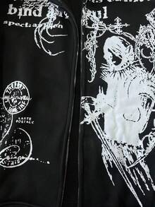Mens 3D Graphic Zip Hoodie With Faux Fur Trim Oversized Gothic Streetwear Jacket Vintage Print Pullover For Casual - màu đen - Xem 4