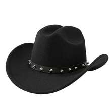 Women Men Cowgirl Hat, Vintage Roll-Up Wide Brim Western Hat With Riveted Belt For Club Party - 黑色 - 查看 6