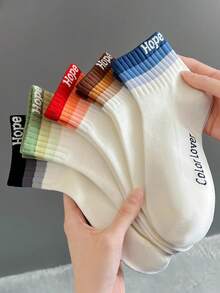 5 pares de calcetines cortos para mujer, estampado de letras deportivo y casual, rayas coloridas de malla transpirable y absorbente del sudor, diseño sencillo para primavera/verano - Multicolor - Ver 10