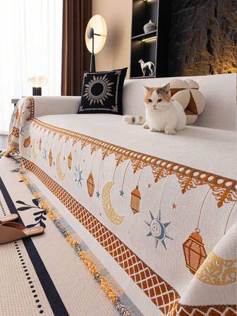 1pc Chenille Sofa Throw Blanket, Star & Moon Pattern Sofa Cover, Bohemian Style Pet Proof Sofa Protector, Machine Washable Home Decor Suitable For L-Shaped Sectional, Loveseat, And Sofa, Holiday Decoration (Sold Separately)