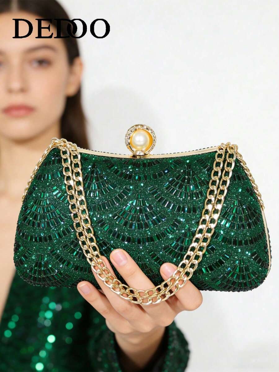 1件 2026新款镶钻晚宴手拿包 新娘婚礼派对手拿包 可拆卸链条晚宴包 女士手提包 - 綠色 - 查看 1