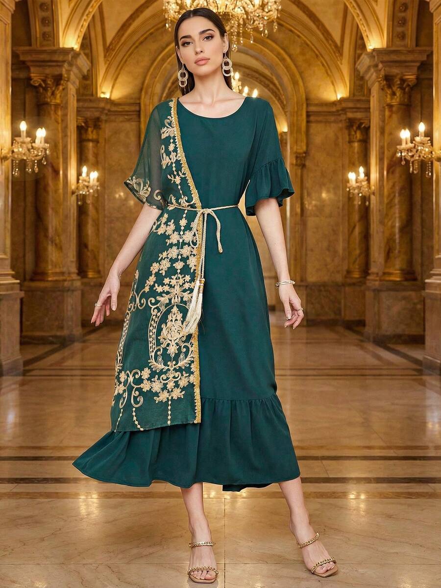 Elegant Women's Long Arabian Dress With Round Neck Half Flounce Sleeves And Tassel Belted Asymmetrical Ruffle Hem Embroidery For Special Occasions - Dark Green - View 1