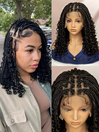 A ANYTIME 360°蕾丝前额手工编织假发，带婴儿发，黑色合成扭辫，耐高温纤维，度假风，180%密度 - 适合所有人群