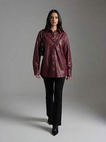 Grenj Fashion Black Oversized Pocket Detail Leather Shirt, Solid Color Casual Everyday Front Button Shirt - Burgundy - View 5