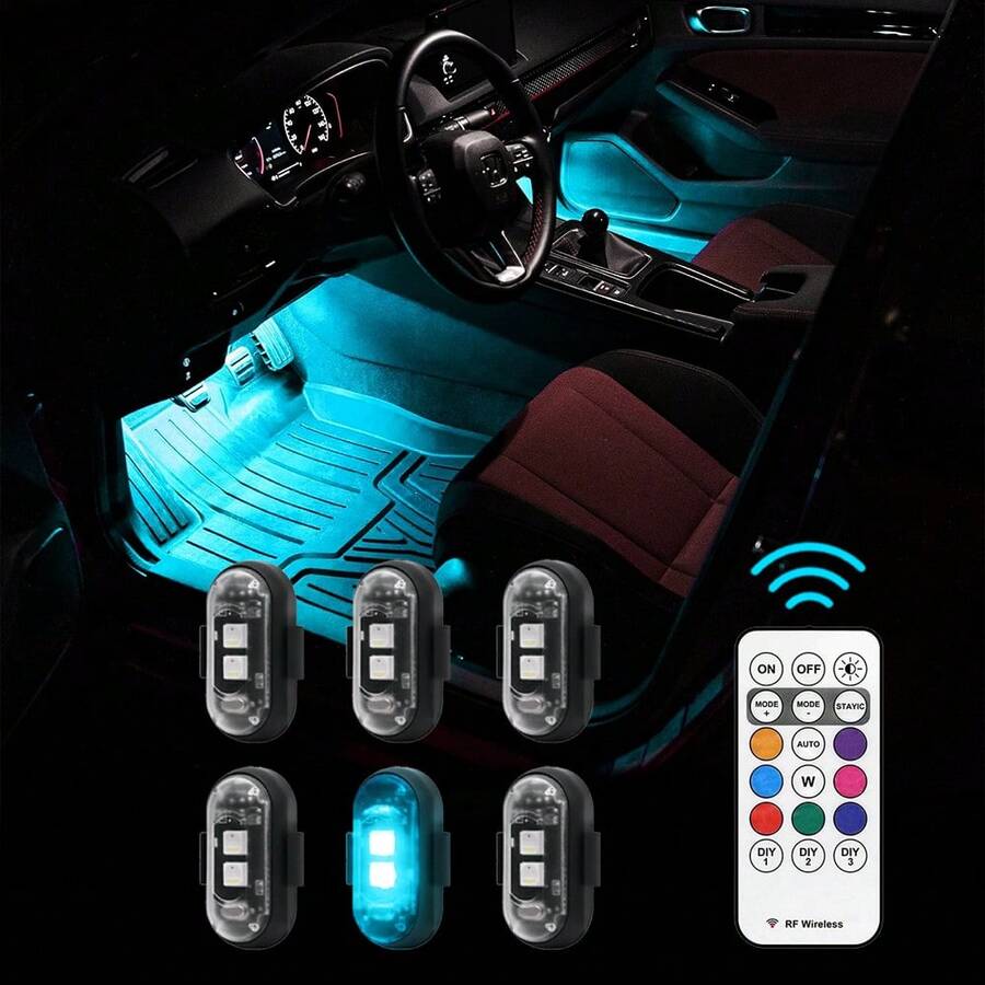 6PCS RGB LED Portable Party Light – Remote Control Wireless, 8 Colors Custom Lighting, Rechargeable Car Footwell Lights, Under Glow Kits Car Mods, Exterior & Interior Decorative Accessories, StrobeLight, Strobe Light Car Goodies Essential Product, Anti-Collision Emergency Flash Warning Light For SUV, Truck, Motorcycle, Bike, Aircraft – Cool Gift, Valentine's Day Gift, Christmas Gift, New Year Gift, Car Lover Gift - 6盞燈 - 查看 1