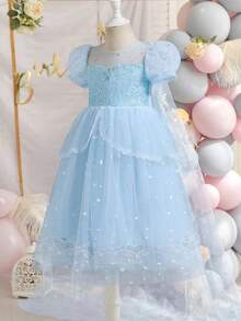 小女孩亮片泡泡袖网纱芭蕾公主裙，配雪花披风，生日派对礼服 - 淺藍色 - 查看 9