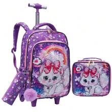 BLING BABIES 3件套女童拉杆背包，双面可爱卡通猫亮片设计，带午餐盒和铅笔盒 - 紫色，适合日常通勤，夜光功能 - 紫色 - 查看 12