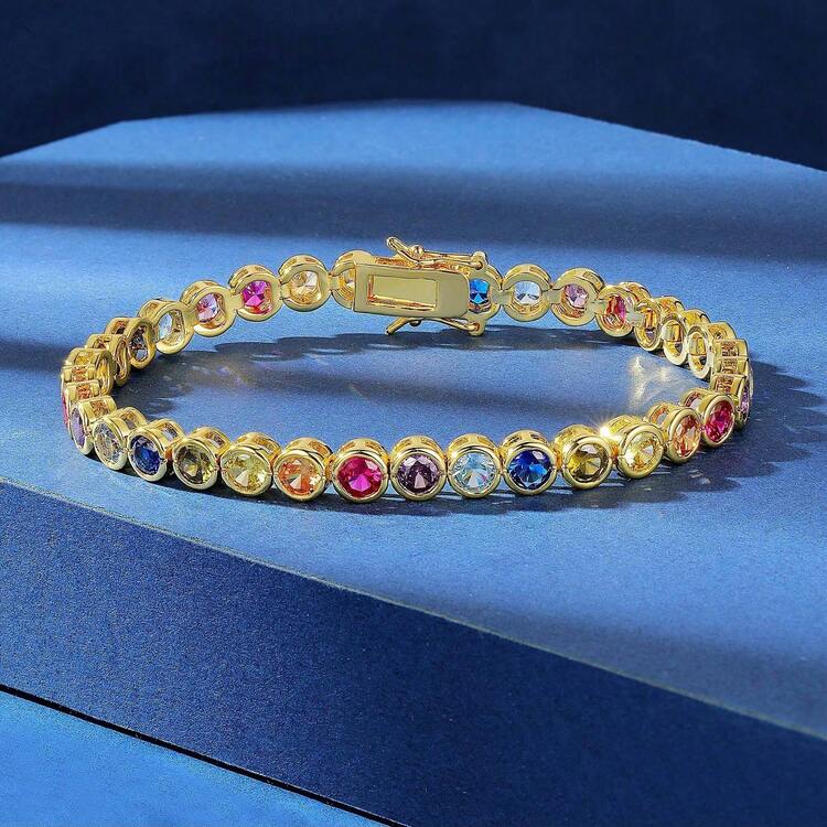 MDFUN Pulsera de cadena de tenis chapada en oro blanco/amarillo de 18K, incrustada con circonita cúbica arcoíris de 4mm, pulsera de tenis para mujer - Dorado - Añade 1
