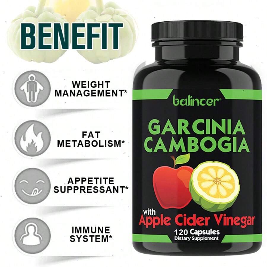 Garcinia Cambogia Dietary Supplement - With Apple Cider Vinegar Extract - Balances Energy, Promotes Digestive Health - Relaxes Mood And Boosts Immune System - 120 Capsules - 1 Bottle - View 1