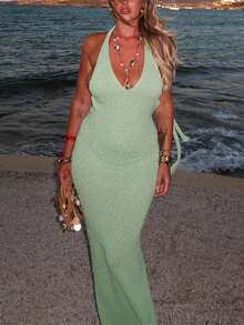女士优雅纯色性感露背系带蝴蝶结修身长款针织连衣裙，春夏款 - 綠色 - 查看 4