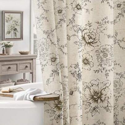 1 Piece Farmhouse Floral Vintage Shower Curtain, Black Linen Pattern Shower Curtain For Bathroom, Tan Taupe