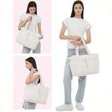 Puffer Tote Bag With Cup Holder & Laptop Compartment & Trolley Sleeve For Travel, Work, Nurse, Women - Beige - View 6