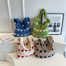Crochet Heart Handbag With Woven Pattern - Soft Knitted Shoulder Bag, Spacious & Perfect Valentine's Gift For Her - Màu xanh lam - Xem 6
