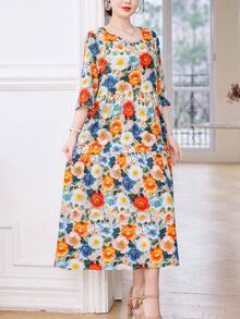 Women's Elegant Floral A-Line Midi Dress, 3/4 Sleeve, Round Neck, Flared Hem, Perfect Casual Bohemian Style - Blue - View 3