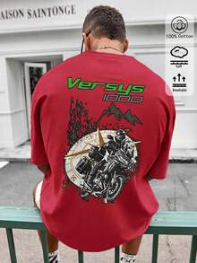 2026 Spring & Summer : Versus 1000 Motorcycle Graphic Men's Tee, Oversized Soft Cotton, Ideal For Outdoor Activities With A Stylish Mountain Motif, Comfortably Breathable - Red - View 1