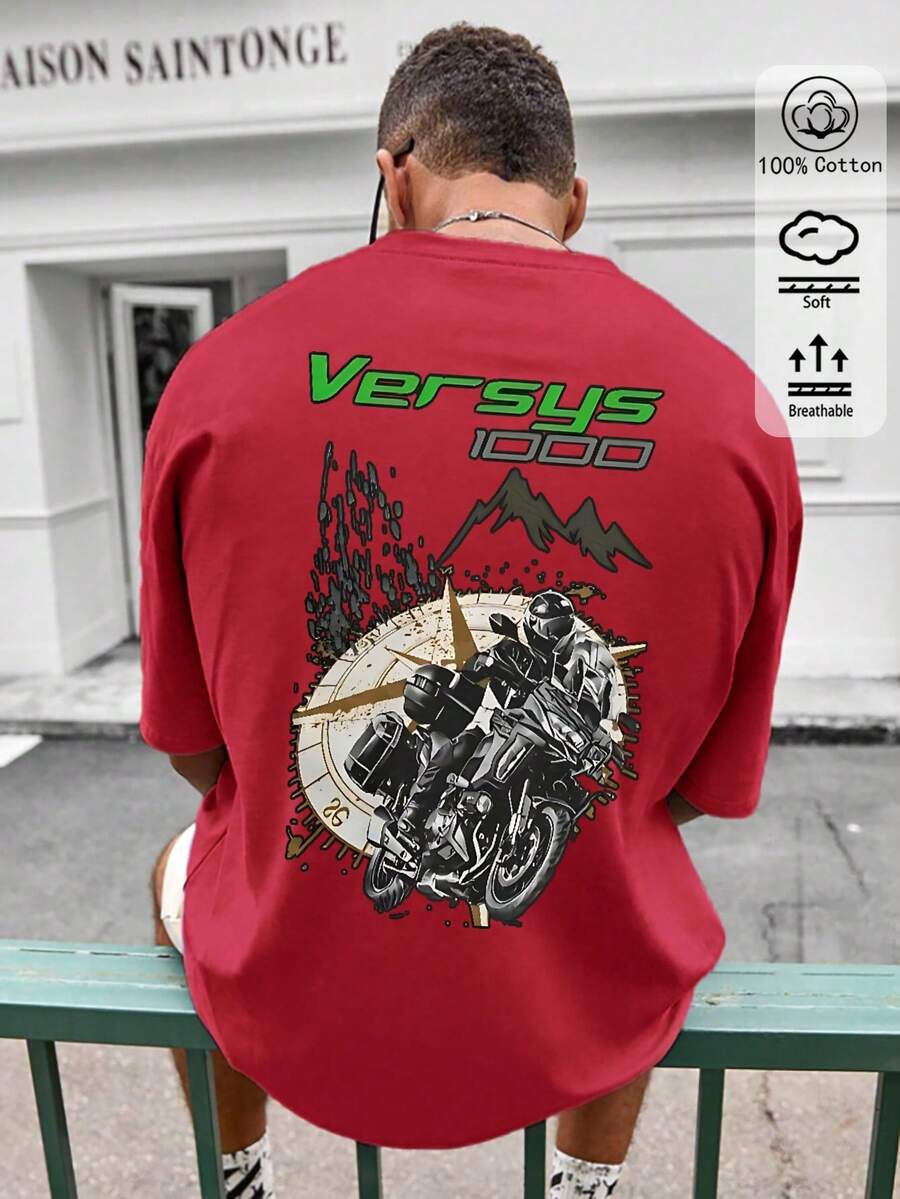 2026 Spring & Summer : Versus 1000 Motorcycle Graphic Men's Tee, Oversized Soft Cotton, Ideal For Outdoor Activities With A Stylish Mountain Motif, Comfortably Breathable - Red - View 1