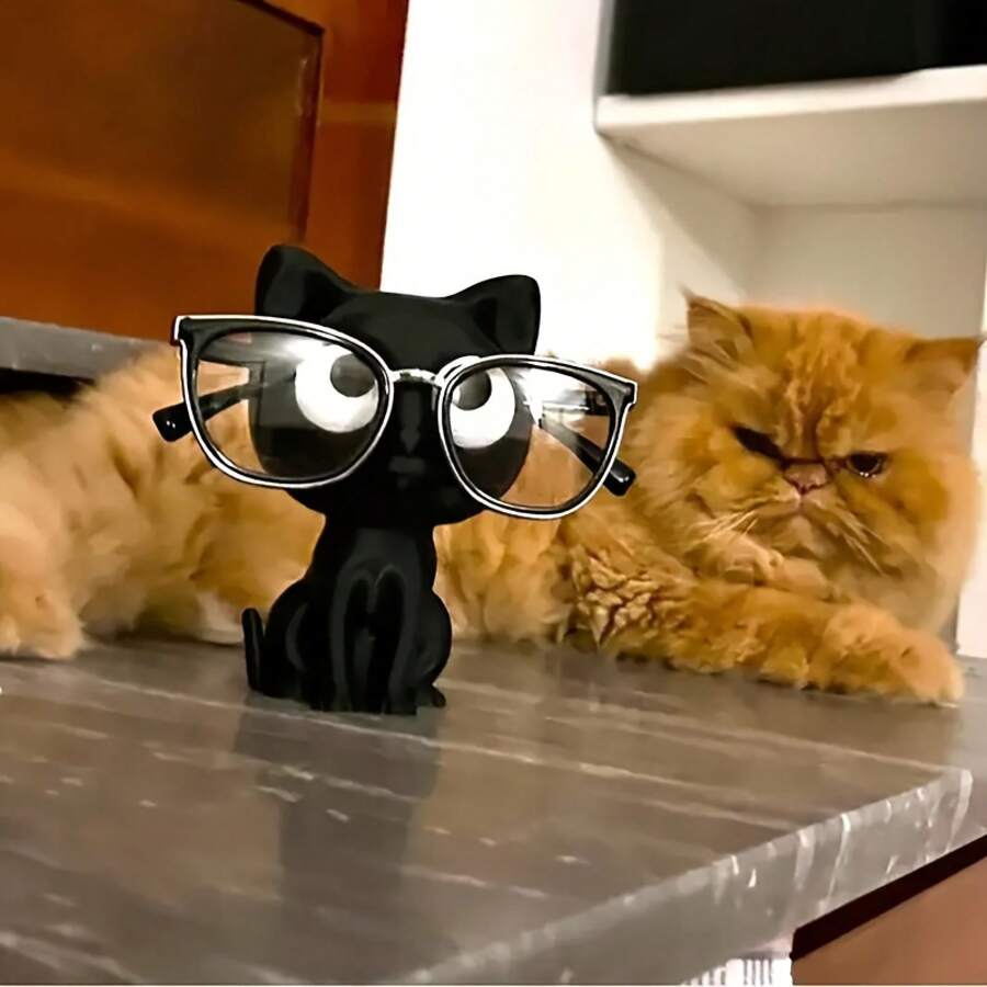 1 3D Printed Cat Glasses Stand - Cute Plastic Desktop Organizer With Glasses Holder, Home Decoration And Holiday Gift, Suitable For Halloween, Easter, Valentine's Day, Office Supplies, Home Storage Organizer - 黑色 - 查看 1