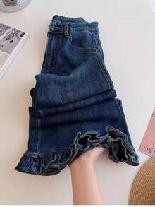 Retro Wood Ear Lace Trousers High Waist Straight Loose Slim Wide Leg  Autumn All-Match Denim Trousers For Women - Màu xanh lam - Xem 6