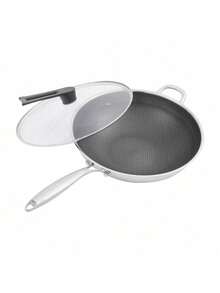 Wok de acero inoxidable con panal, sartén antiadherente con tapa, sartén para saltear apta para cocinas de gas, de inducción cóncava, cerámica y eléctricas (36 x 9,4 cm) - Negro, Plata - Ver 12