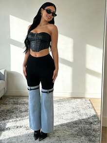 Y2K Streetwear Patchwork Wide Leg Pants For Women High Waist Stretch Black Top With Washed Denim Flared Bottom And Decorative Belt Straps - Light Blue - 查看 9