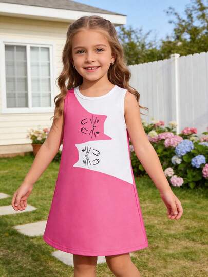 Young Girl's Casual Fashion Preppy Cute Colorblock Cartoon Cat Pattern Round Neck A-Line Dress, Suitable For Outdoor, Back To School, Commute, Social Gatherings, Spring/Summer