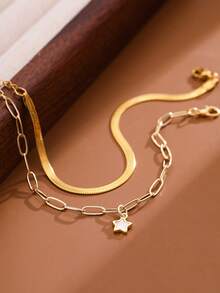 Nooxian 2pcs/Set Fashion Casual Gold Multi-Layer Strap Stainless Steel Blade Chain, Cross Chain With Star & Faux Shell Copper Pendant Layered Metal Bracelet, Daily Versatile Jewelry For Women (Random Chain & Clasp Quantity) (No Gift Box) - Yellow Gold - View 4