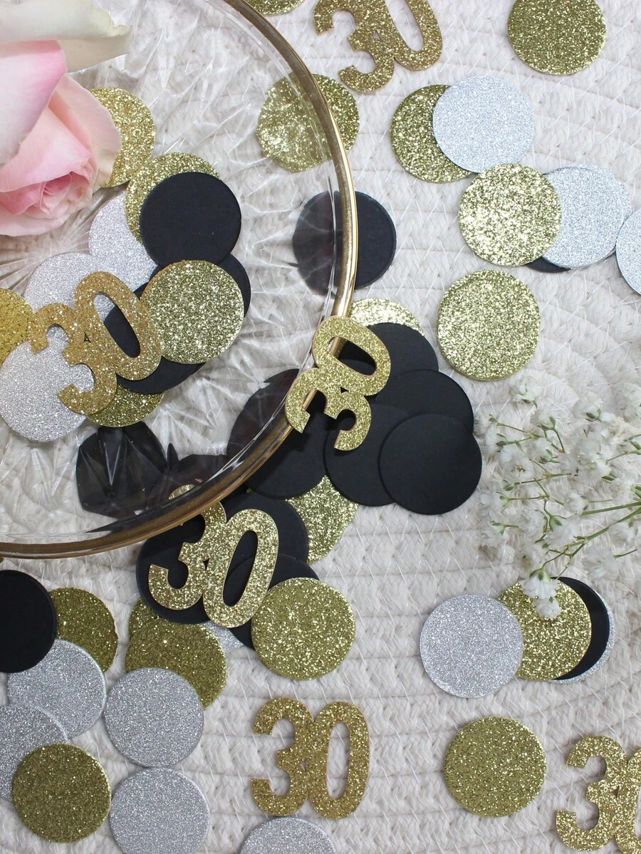 Conjunto com 100 unidades de confete preto, dourado e prateado para festa de 30 anos, decoração de mesa com o número 30 brilhante, artigos para festa "Dirty Thirty" (30 anos), confete para espalhar na comemoração de aniversário. - Multicolorido - Ver 1