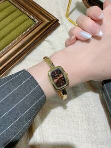 1 件女士椭圆形银黑色表盘金色石英休闲手表，适合日常佩戴 - 咖啡棕 - 查看 3