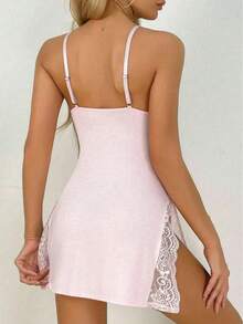 1pc Women's Lace Trim Milk Silk Nightgown Sleepwear Side Slit Solid Teddy Babydoll - Hồng - Xem 5