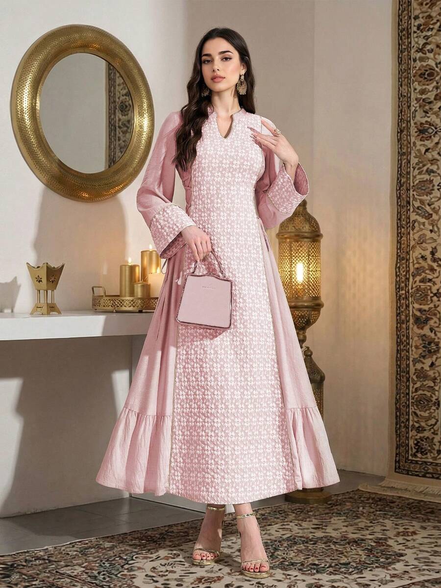 Women's Printed Minimalist Everyday Arabic Style Dress, Women's Solid Color Radish Print Patchwork Elegant Long Cinched Waist Waist Dress, Ribbon Patchwork Long Sleeve Dress, Suitable For Everyday, Dates, And Multiple Occasions - Pink - View 1