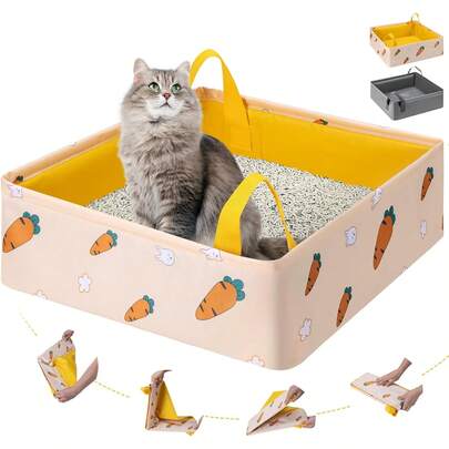 Caja de Arena para Gatos Portátil, Caja de Arena Plegable para Gatos con Asa Estándar para Viajes, Sin Fugas, Impermeable, Ideal para Gatos Medianos Y Pequeños, Fácil de Limpiar (Amarillo)
