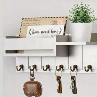 1pc White Rustic Wooden Wall Mounted Key Rack With Shelf And Hooks - Mail Organizer And Key Holder For Entryway, Kitchen, Farmhouse Decor, Living Room, Wall Key Hooks