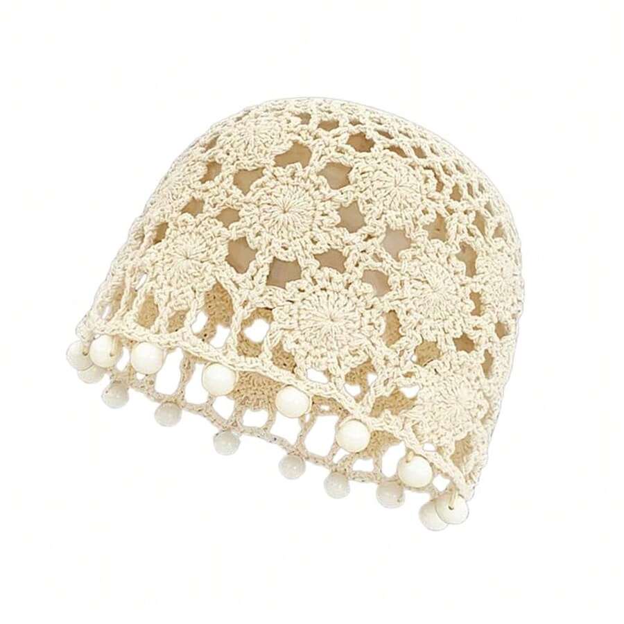 Handmade Crochet Beanie Sun Summer Hat Skull Cap For Women Lace Beach Hat Lightweight,Bead-Beige - Hạt màu be - Xem 1