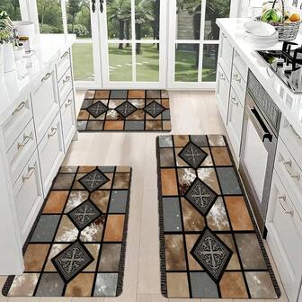 Light Wooden Countertop Kitchen Scene Decor - White Cabinets Silver Handles, Geometric Pattern Kitchen Mat With Brown Gray Beige Squares, Black Diamonds & Greek Key, Metallic Appliance, Bread Roll