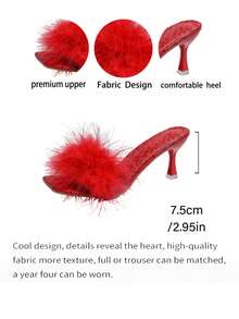 Fashionable Faux Fur Square Toe High Heel Sandals For Women, Summer New Slip-On Thin Heel Ladies High Heels - Đỏ - Xem 3