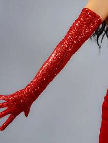1 双银色亮片长款露指手套，时尚派对女士手套 - 紅色 - 查看 3