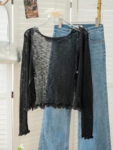 女士可爱蕾丝边V领罩衫毛衣，轻薄夏季披肩外套 - 黑色 - 查看 8