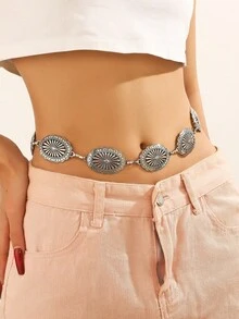 New Bohemian Style Metal Waist Chain, Women's Fashion Vintage Carved Waist Belt Body Chain Jewelry - Silver - View 1