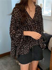 Primavera y otoño nuevo dulce simple suelta temperamento salvaje V-cuello floral de manga larga blusa de gasa camisa blusas elegantes dama - Negro - Ver 4