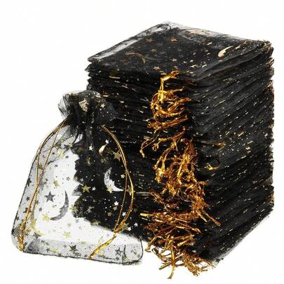 100pcs Multi-Size Star & Moon Foil Organza Drawstring Gift Bags, Reusable Pouches, Beading Storage Bags, Jewelry Organizer Bags, Suitable For Wedding, Party, Valentine's Day, Birthday, Christmas, Halloween, Thanksgiving