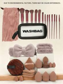 NEFOUME 35件套化妆套装，包含防水洗漱包+8个化妆海绵（8个水滴形/圆形/锥形），1对防溅腕带+蝴蝶结发箍，13支化妆刷及天鹅绒收纳袋