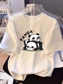 1pc, Cute PANDA Graphic Design Cotton T-Shirt- Casual, Loose Fit, Breathable, Machine Washable, Black With White Text, PLUS SIZE, Soft, Skin-Friendly, Comfortable, Unisex Clothing, Perfect Gift, All-Season Wear - 白色 - 查看 6