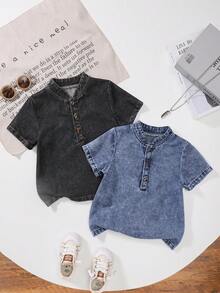 2pcs/Set Boys' Summer Half-Zip Short Sleeve Tee, Casual Denim T-Shirt, Baseball Collar Pullover Tops - Multicolor - View 2