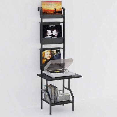 Record Player Stand With Vinyl Storage, Record Player Table Holds Up To 200 Albums, 5 - Tier Turntable Stand For Living Room, Black