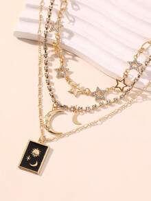 1件时尚优雅的星月水钻多层项链，适合日常佩戴、约会、派对等场合。 - 彩色 - 查看 2