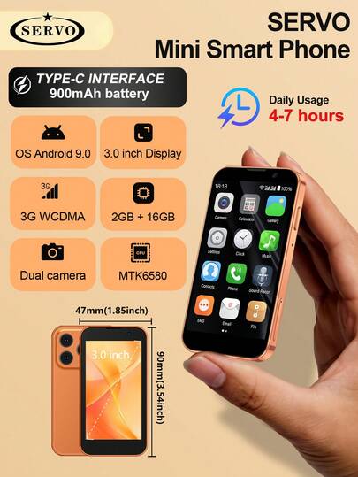 SERVO Mini Smartphone, Android 9.0 OS, WCDMA Dual SIM Dual Standby 3G-nätverk, 3,0-tums liten skärm, 2 GB RAM + 16 GB ROM, MTK6580-processor, 2 MP + 30 MP dubbelkamera
